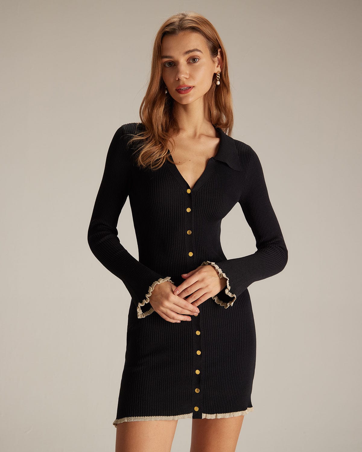 The Black V Neck Contrast Trim Knit Mini Dress & Reviews - Black - Dresses