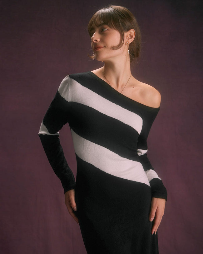 The Colorblock One Shoulder Knit Midi Dress