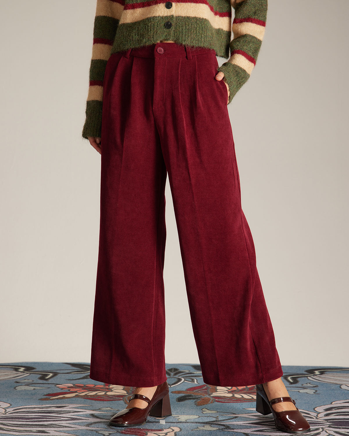 The Wine Red Corduroy Wide Leg Pants & Reviews - Wine Red,Beige