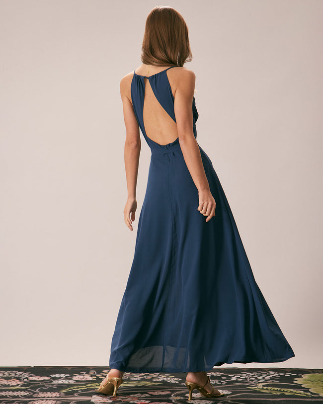 Rihoas Cowl Neck Cutout Back Maxi Dress for Women Navy M