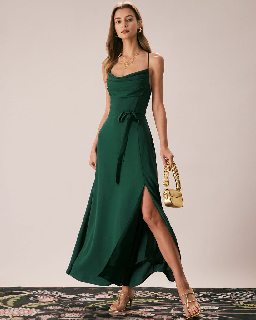 Green Cowl Neck Cutout Back Maxi Dress