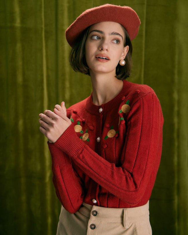 The Brick Red Floral Embroidered Cardigan