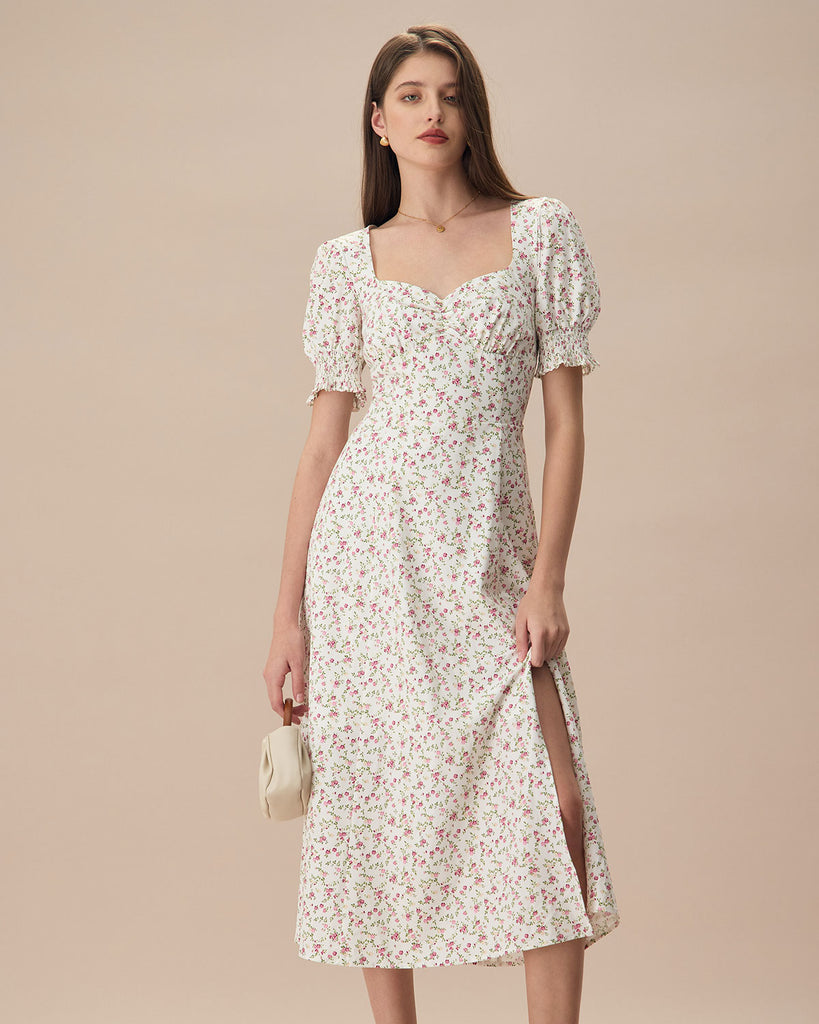 The Floral Puff Sleeve Split Hem Midi Dress Beige Dresses - RIHOAS