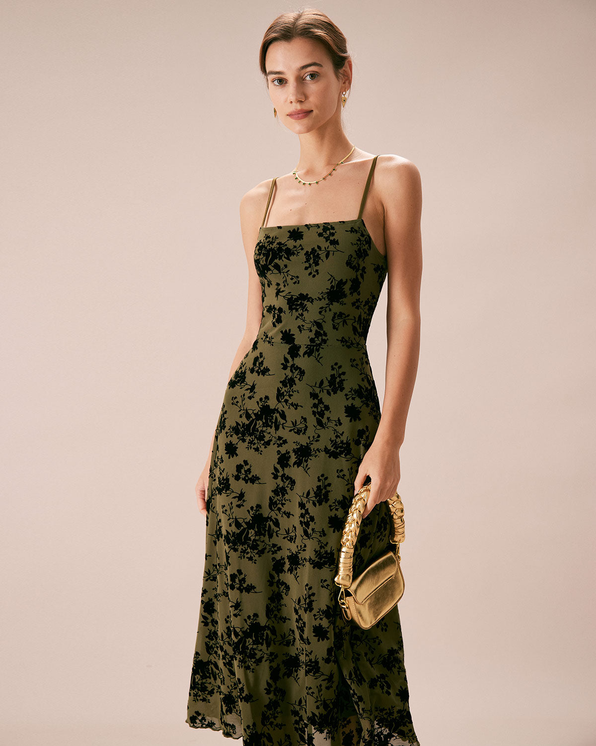 Emerald green floral pleated midi dress best sale