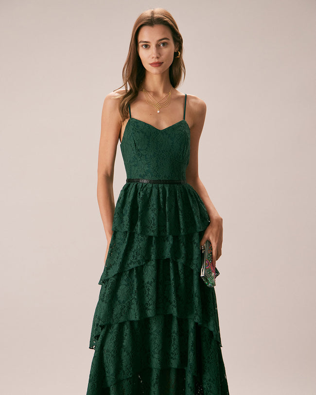 Lovely Forest Green Dress - Lace Dress - Maxi Dress - Tiered Maxi