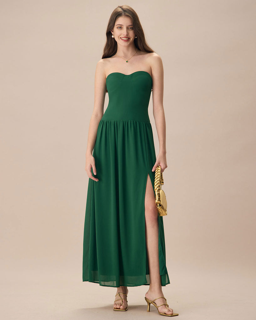 The Green Sweetheart Neck Ruched Maxi Dress Green Dresses - RIHOAS