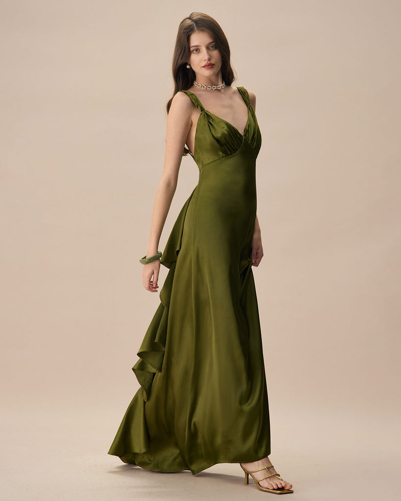 The Green V Neck Ruched Satin Maxi Dress Dresses - RIHOAS