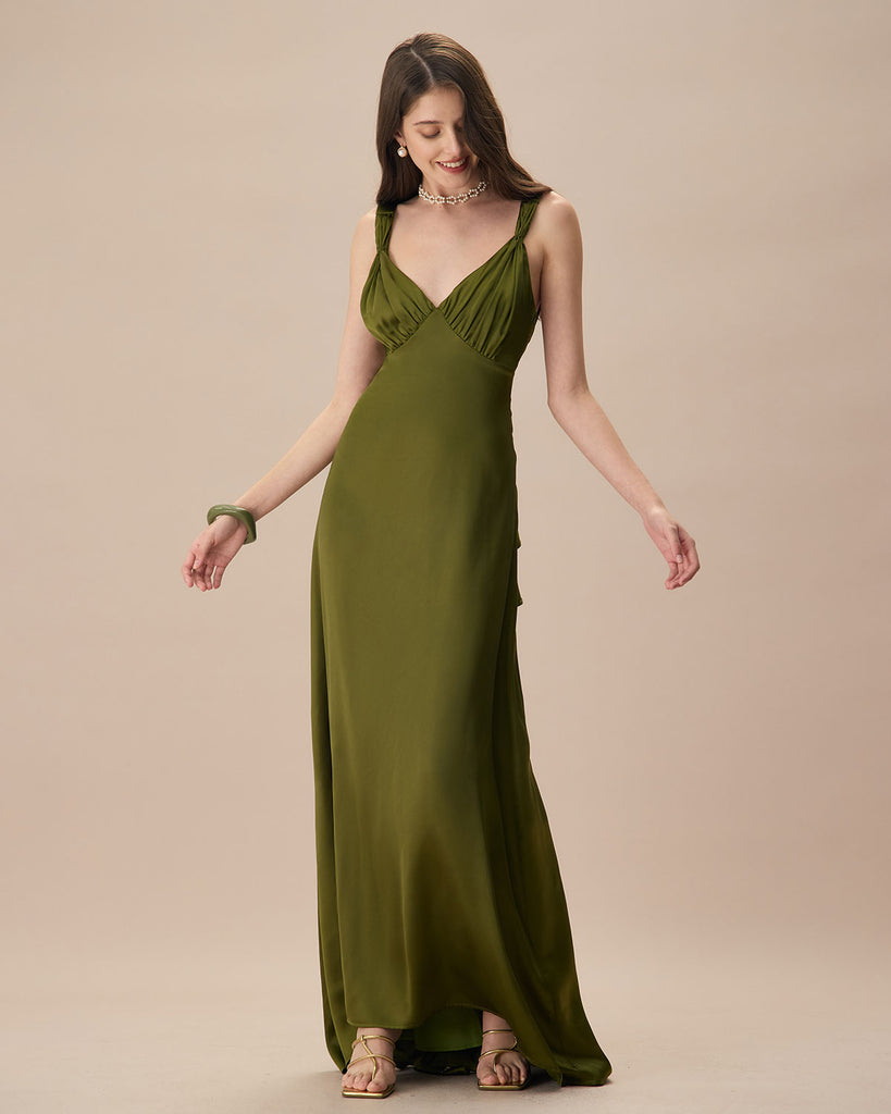 The Green V Neck Ruched Satin Maxi Dress Dresses - RIHOAS