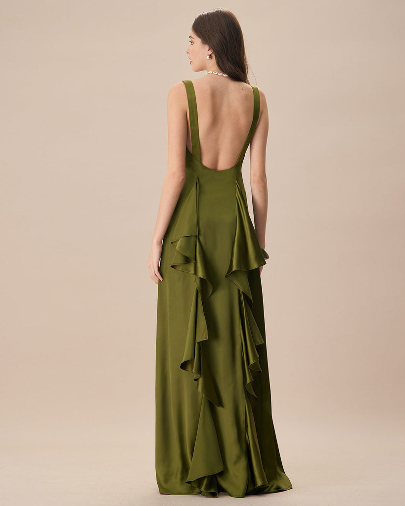 The Green V Neck Ruched Satin Maxi Dress Dresses - RIHOAS