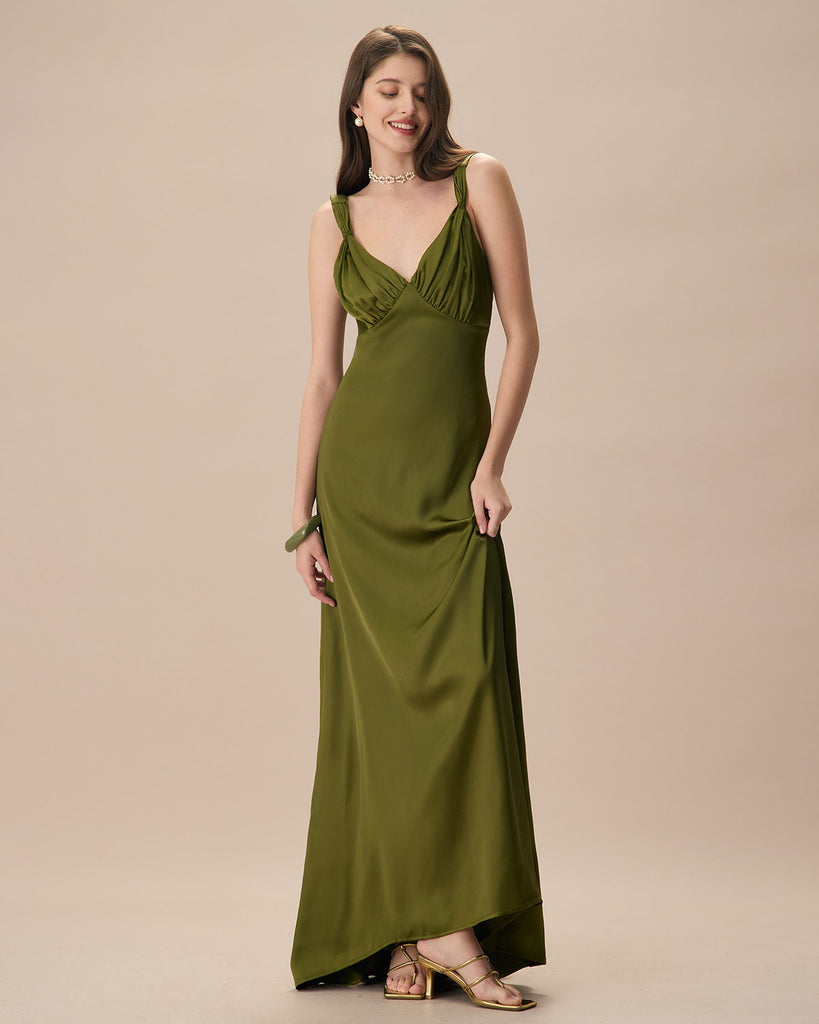 The Green V Neck Ruched Satin Maxi Dress Green Dresses - RIHOAS