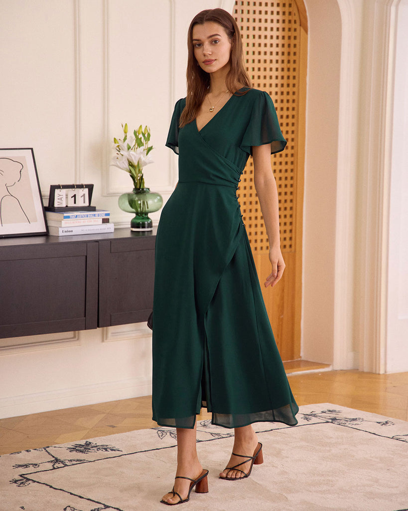 The Green V Neck Wrap Button Maxi Dress Dresses - RIHOAS