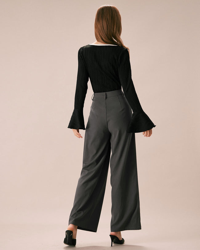 The Grey Pleated Button Fly Straight Pants