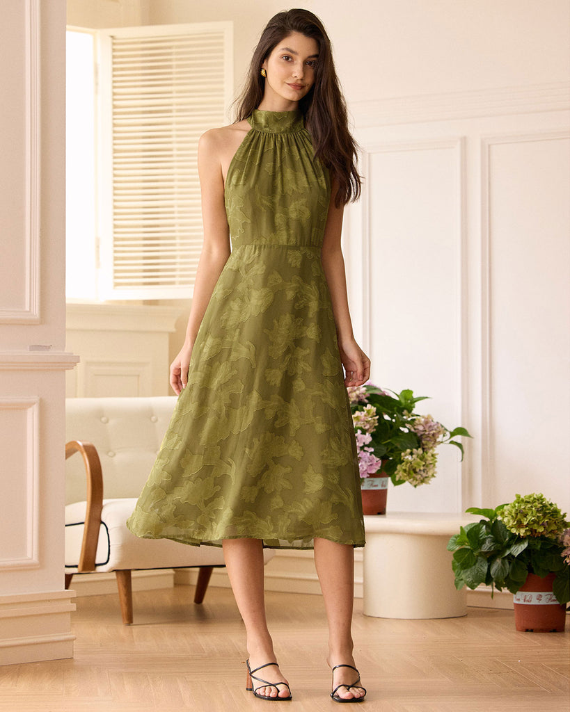 The Jacquard Ruched Halter Dress Green Dresses - RIHOAS
