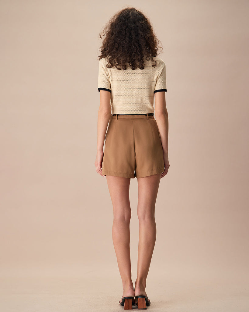 The Khaki Pleated Solid Shorts Bottoms - RIHOAS