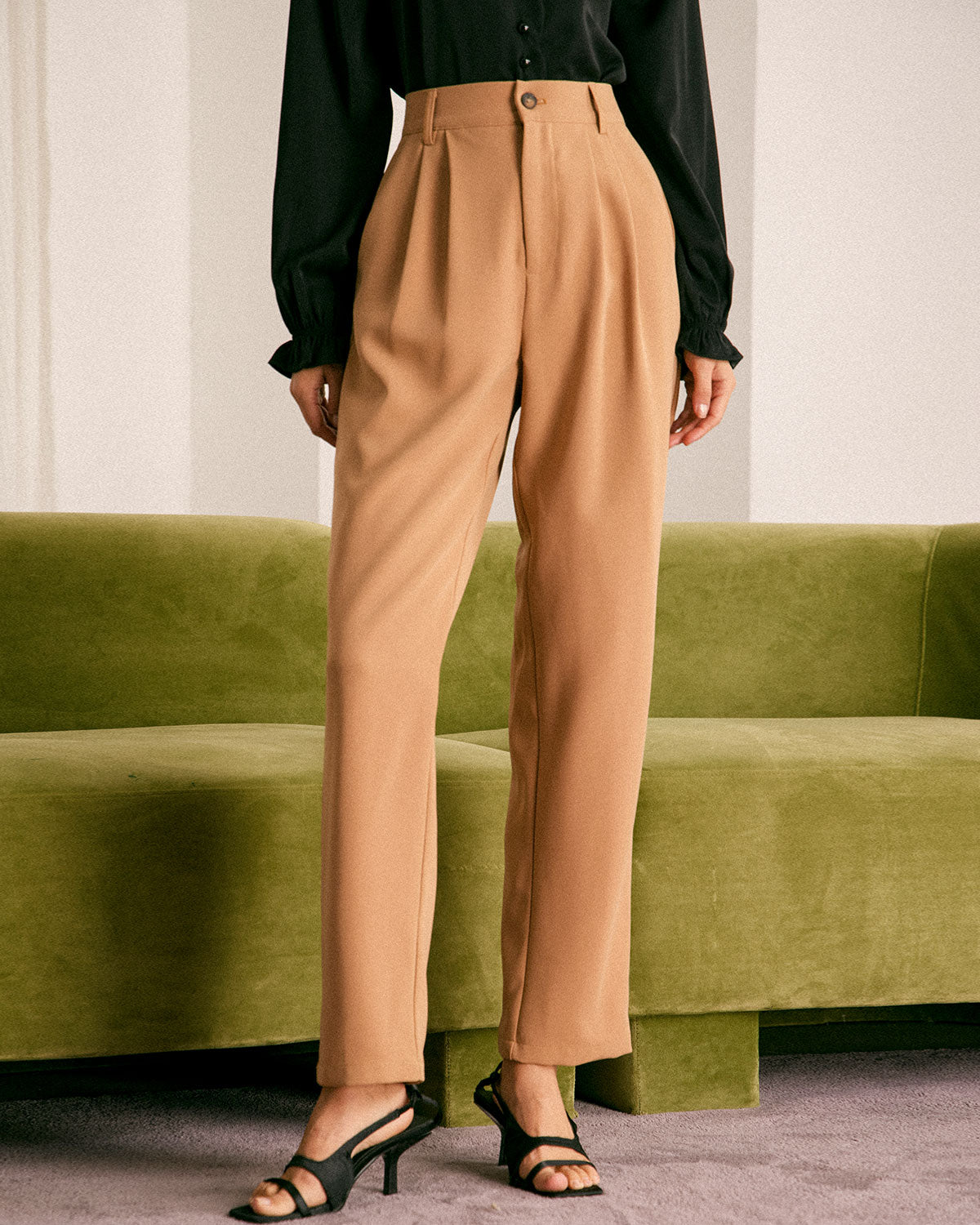 The Khaki High Waisted Pleated Tapered Pants & Reviews - Khaki - Bottoms