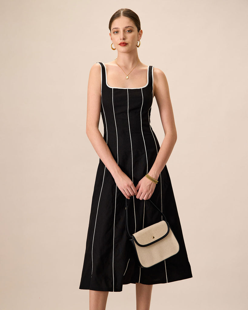The Khaki Square Neck Contrast Midi Dress Black Dresses - RIHOAS