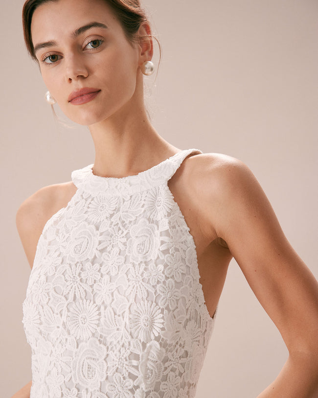 The White Halter Lace Sheath Mini Dress