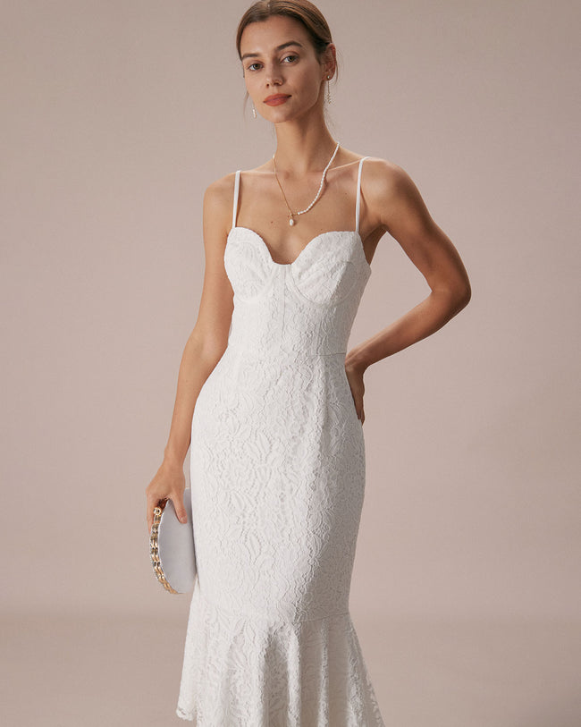 The White Lace Ruffle Slip Mermaid Midi Dress