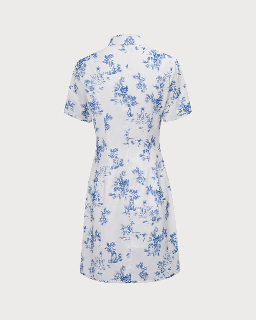 The Mandarin Collar Blue Floral Cheongsam Dresses - RIHOAS