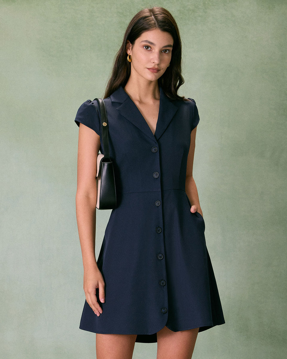 The Navy Lapel Cap Sleeve Button-up Mini Dress & Reviews - Navy ...