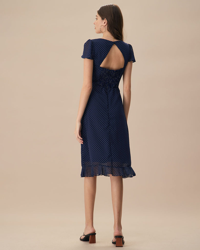 The Navy Polka Dot Cutout Back Midi Dress Dresses - RIHOAS