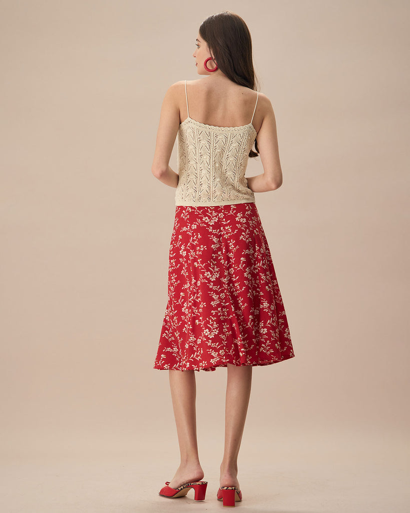 The Red High Waisted Floral Skirt Bottoms - RIHOAS