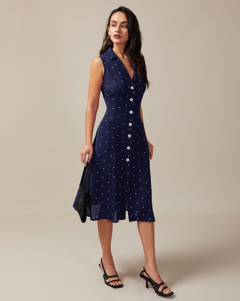 Navy V Neck Polka Dot Tie Back Midi Dress