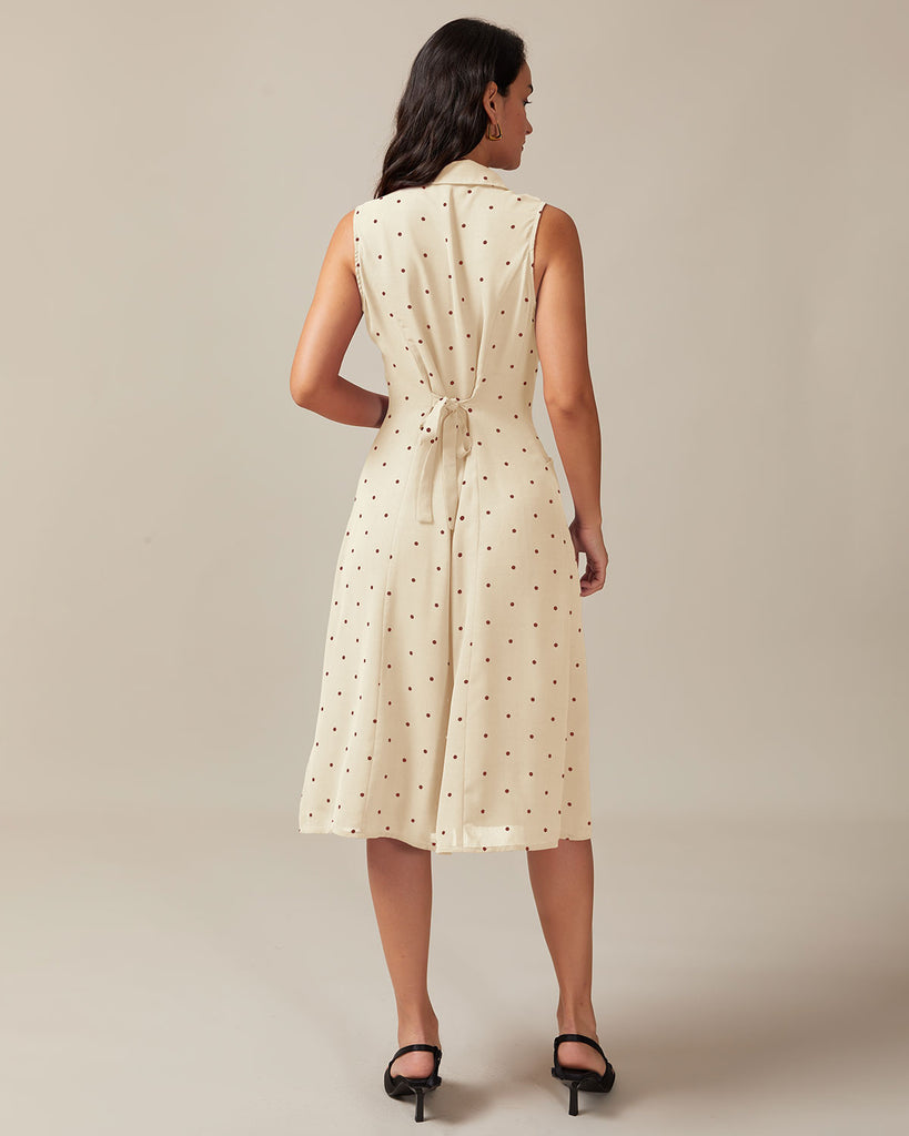 Off-white V Neck Polka Dot Tie Back Midi Dress