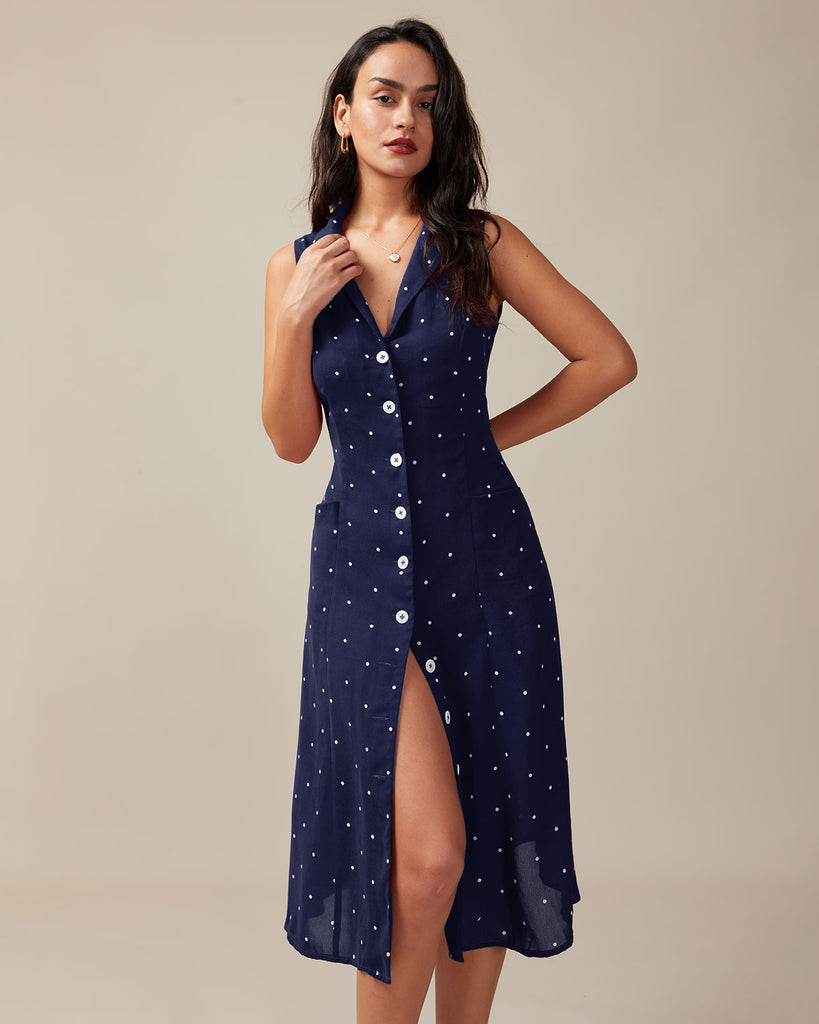 Navy V Neck Polka Dot Tie Back Midi Dress