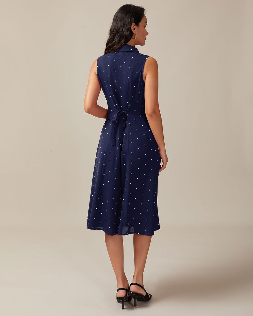 Navy V Neck Polka Dot Tie Back Midi Dress