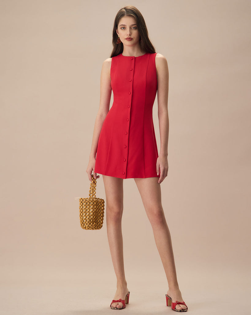 The Red Round Neck Button Mini Dress Dresses - RIHOAS