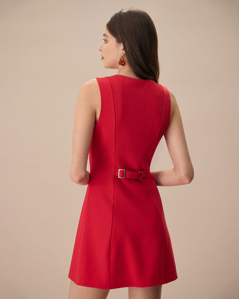 The Red Round Neck Button Mini Dress Dresses - RIHOAS