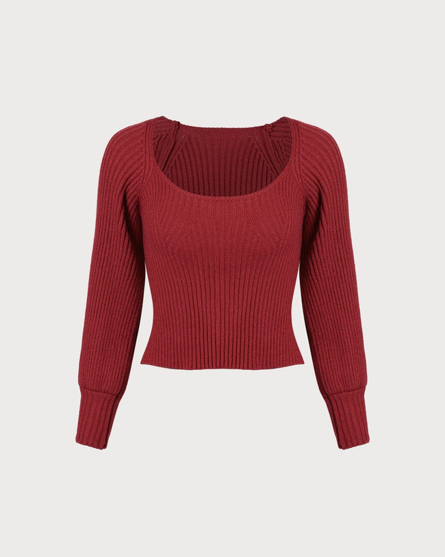 The Red Scoop Neck Lantern Sleeve Sweater Red Long Latern Sleeve Knitting Sweater Red Tops RIHOAS