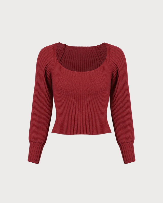 The Red Scoop Neck Lantern Sleeve Sweater