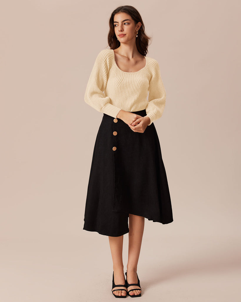 The Beige Scoop Neck Lantern Sleeve Sweater