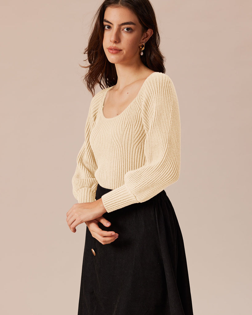 The Beige Scoop Neck Lantern Sleeve Sweater