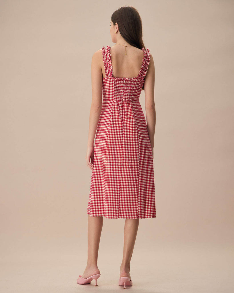 The Red Square Neck Plaid Midi Dress Dresses - RIHOAS