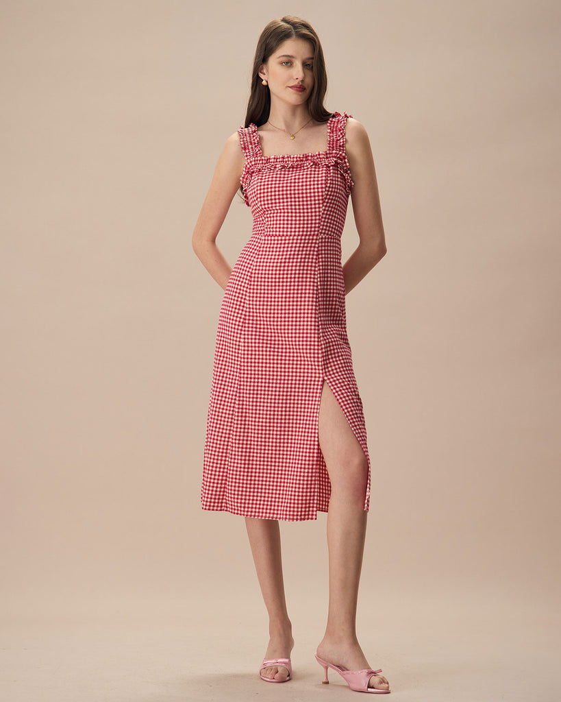 The Red Square Neck Plaid Midi Dress Dresses - RIHOAS