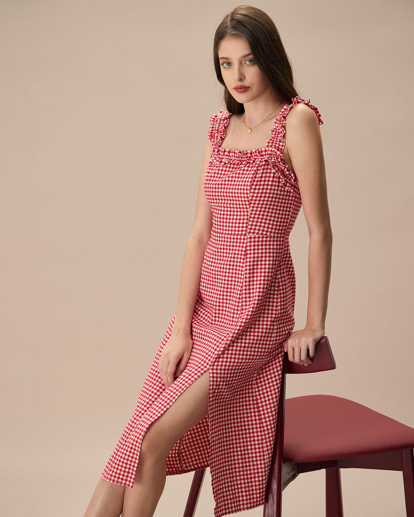 The Red Square Neck Plaid Midi Dress Dresses - RIHOAS