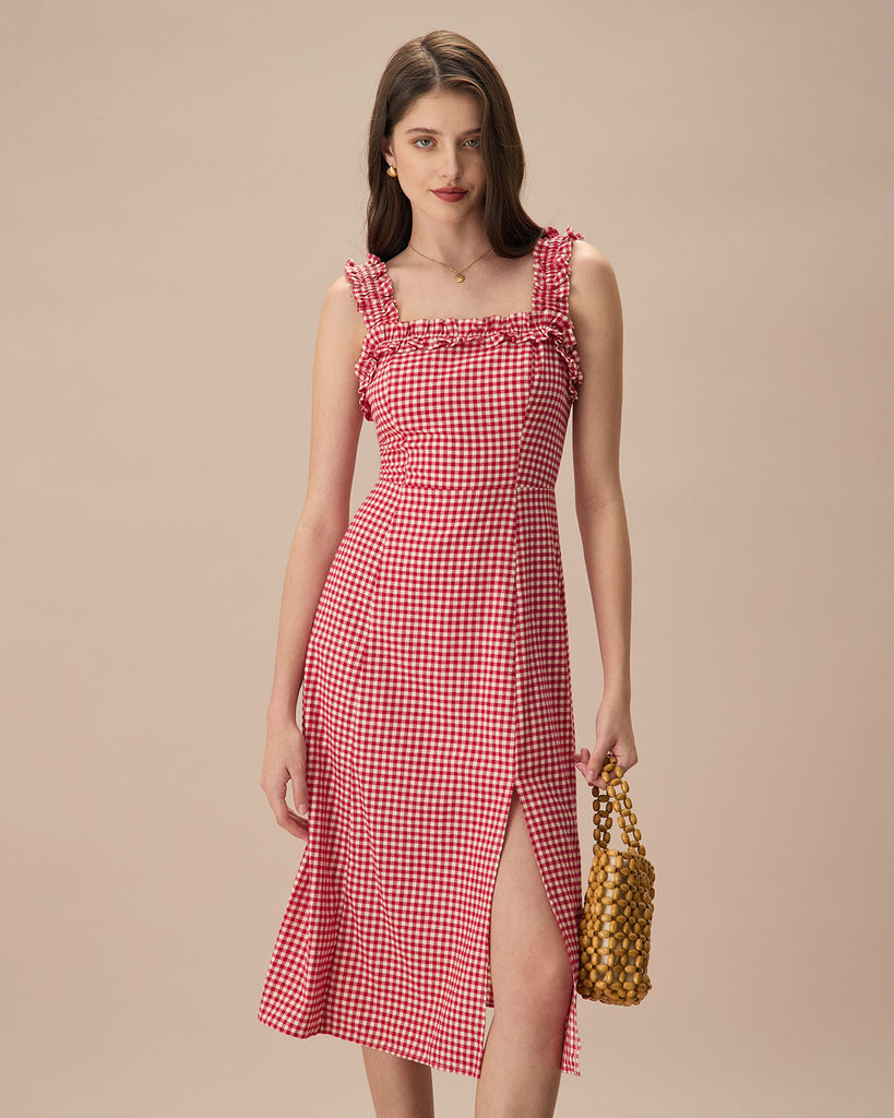 The Red Square Neck Plaid Midi Dress Red Dresses - RIHOAS