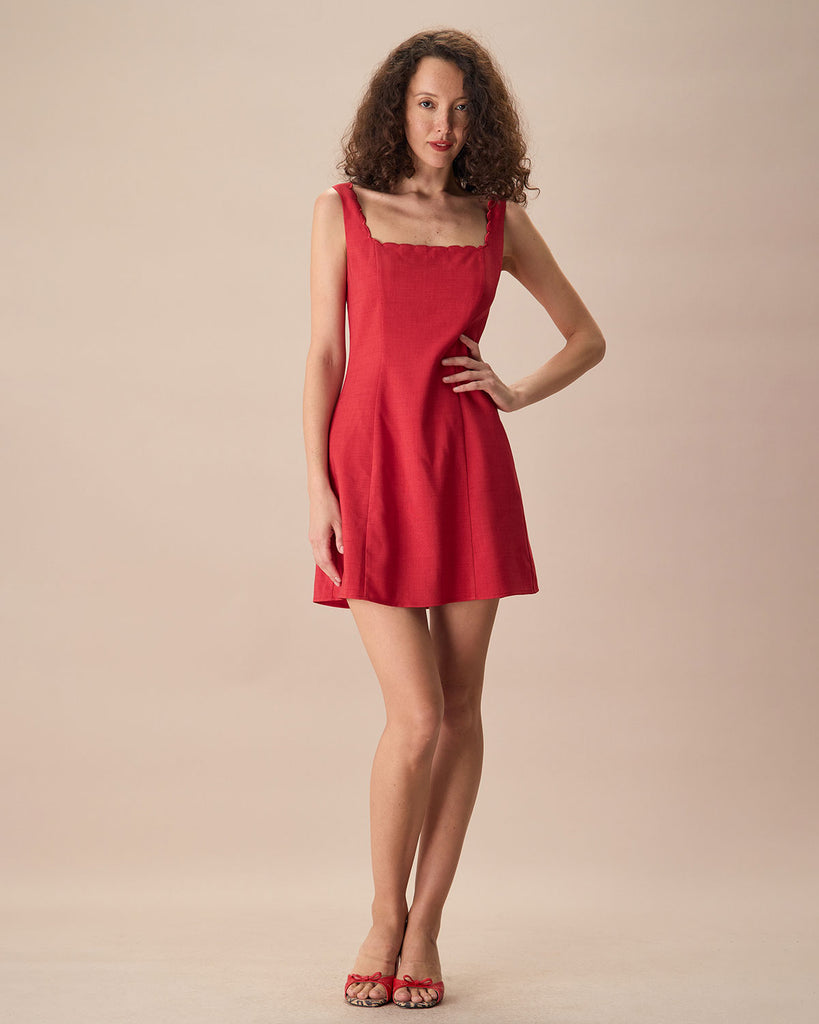 The Red Square Neck Scalloped Dress Dresses - RIHOAS