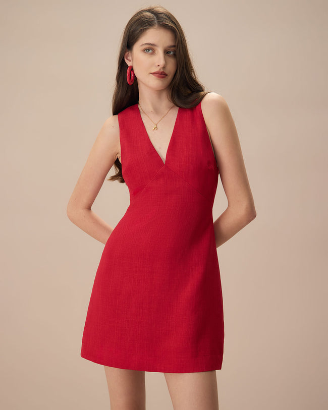 The Red V Neck Sleeveless Linen Mini Dress Reviews Red Dresses RIHOAS