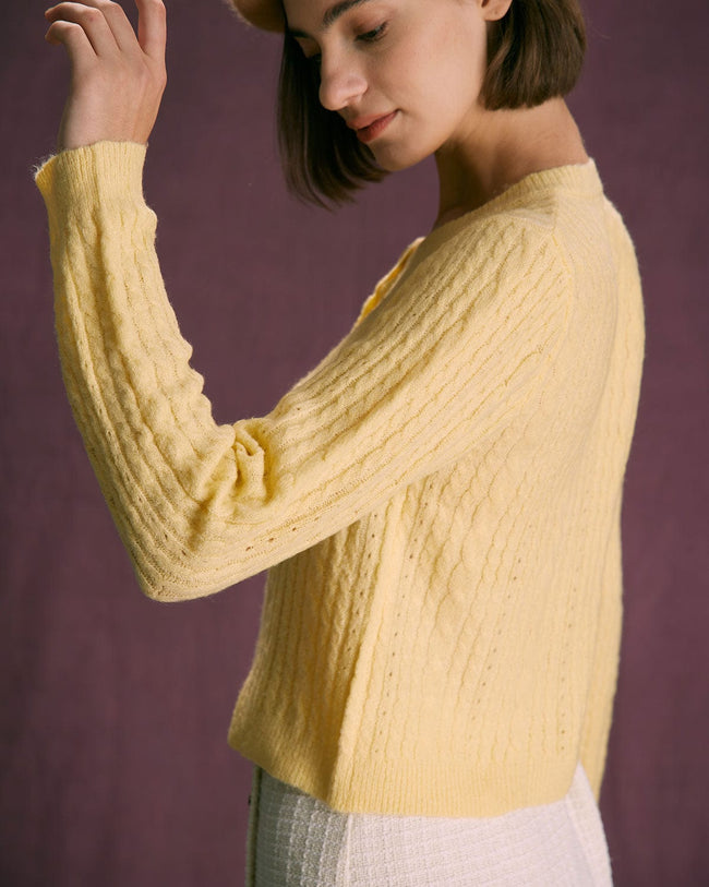 The Yellow Round Neck Cable Ribbed Cardigan