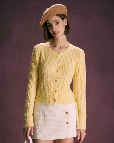 The Yellow Round Neck Cable Ribbed Cardigan
