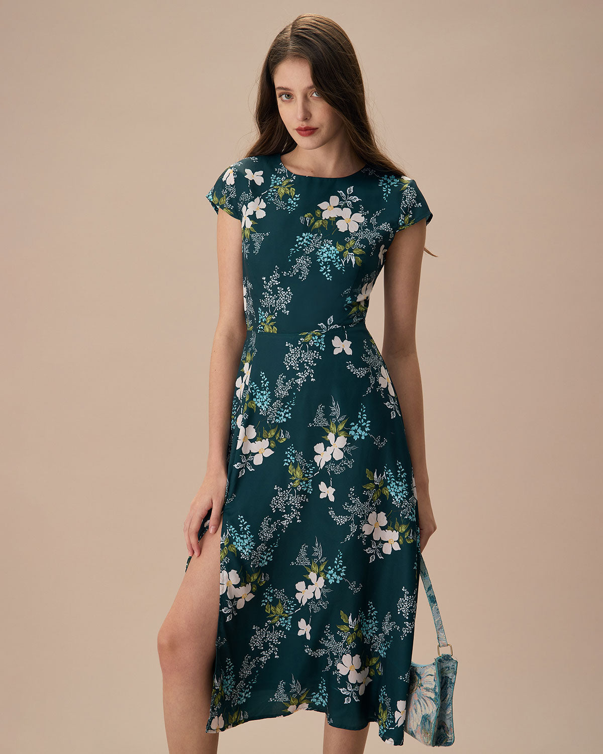 The Green Round Neck Cutout Floral Midi Dress & Reviews - Dark Green -  Dresses | RIHOAS