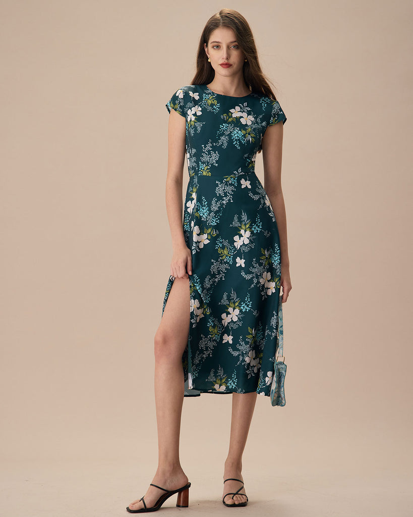 The Round Neck Floral Midi Dress Dresses - RIHOAS