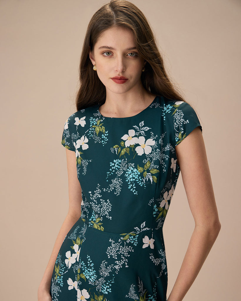 The Round Neck Floral Midi Dress Dresses - RIHOAS