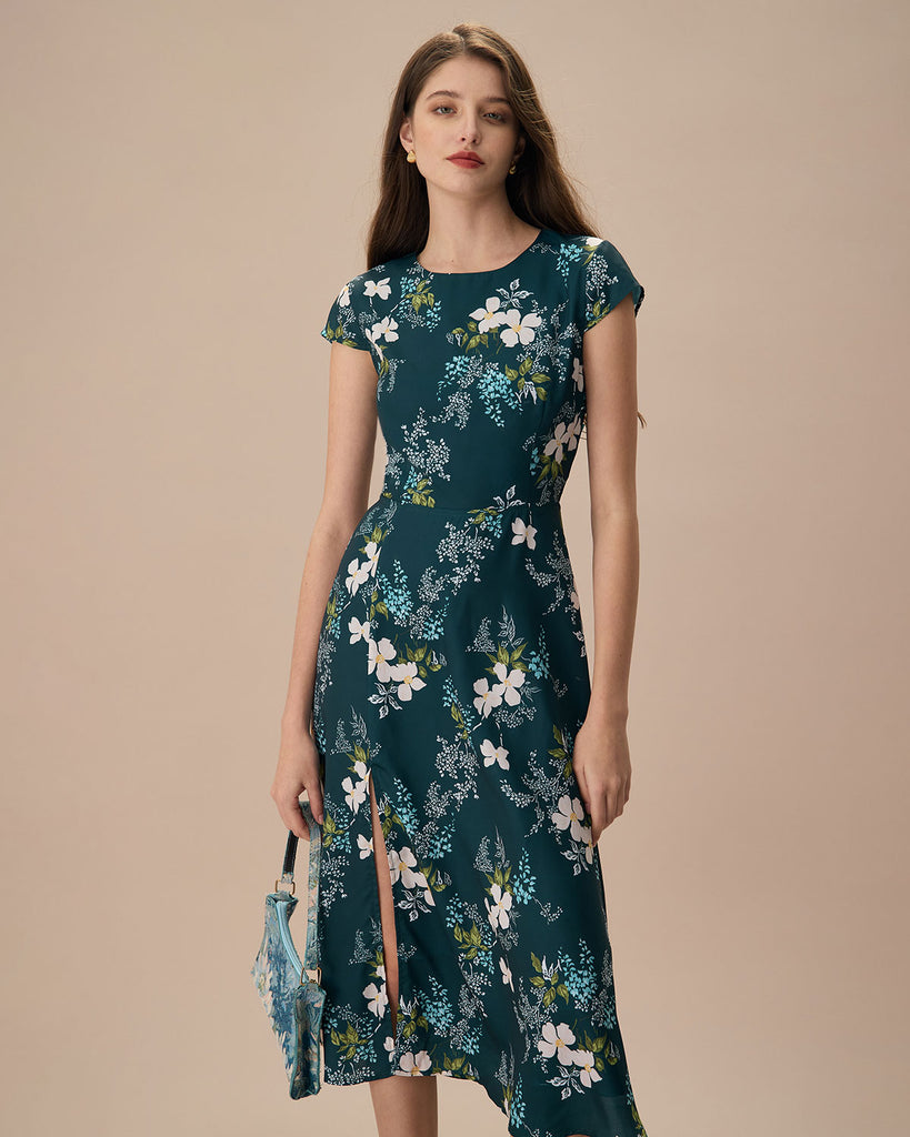 The Round Neck Floral Midi Dress Dresses - RIHOAS