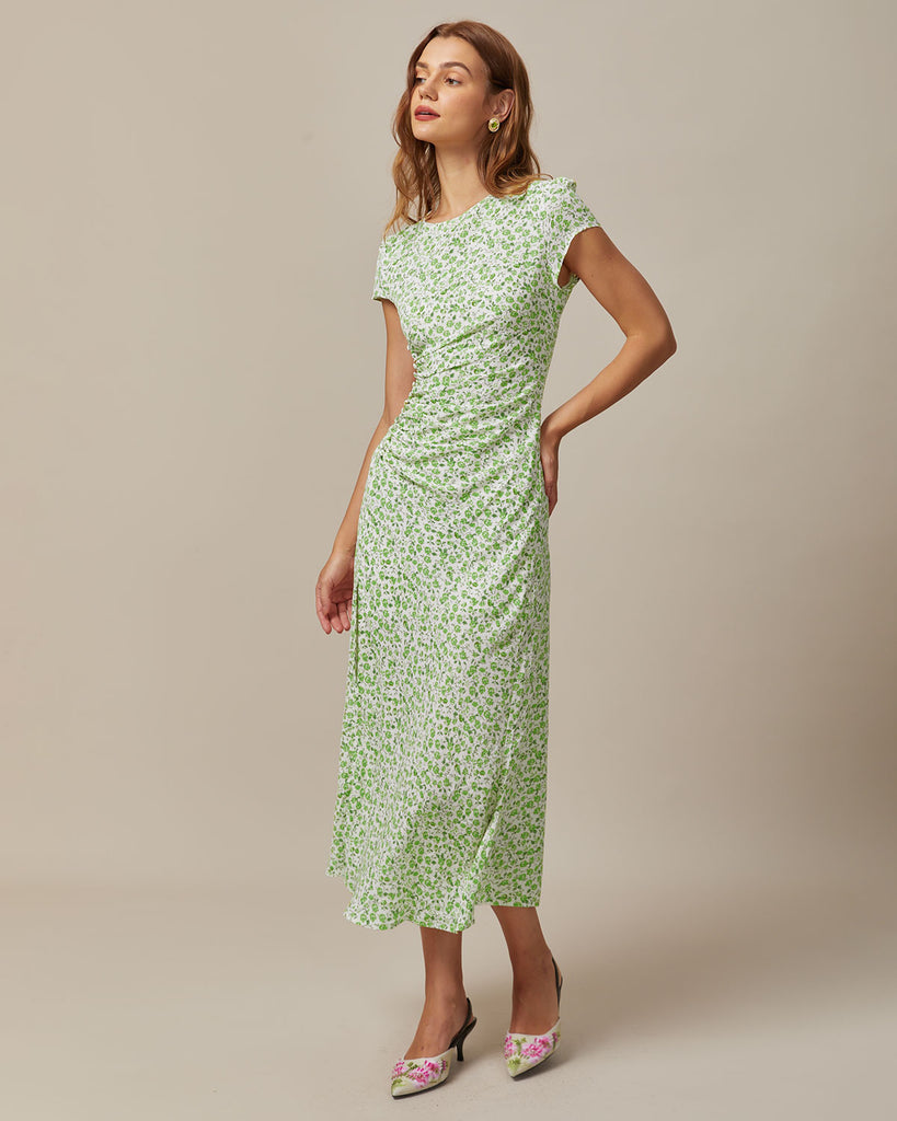 Green Round Neck Floral Midi Dress - RIHOAS