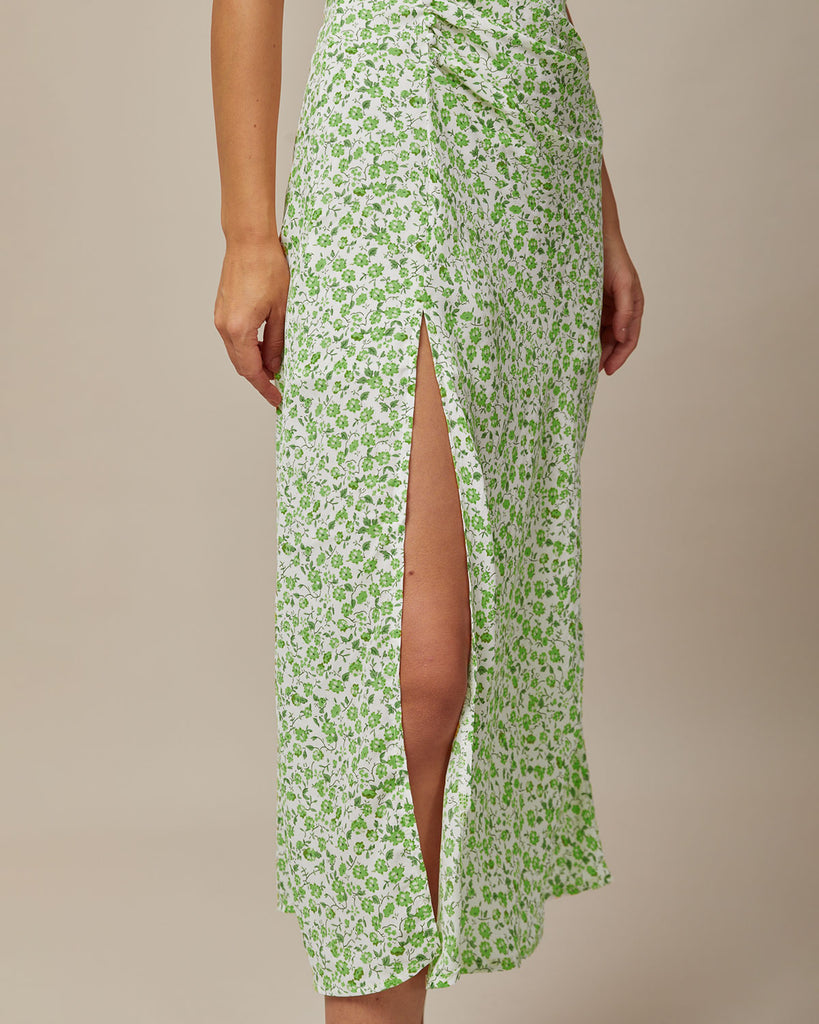 Green Round Neck Floral Midi Dress - RIHOAS